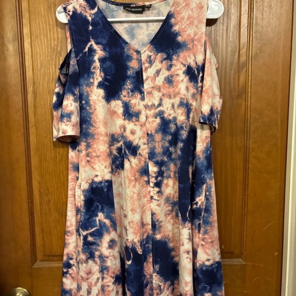 Nina Leonard Navy and Blush Tie-Dye Cold-Shoulder Midi Dress